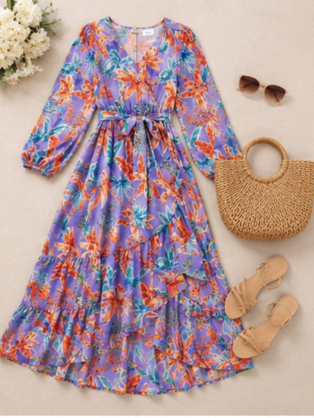 Easel Lilac Tropical Print “Mirabelle” Satin Tie-Waisted Maxi Dress Size M NWT